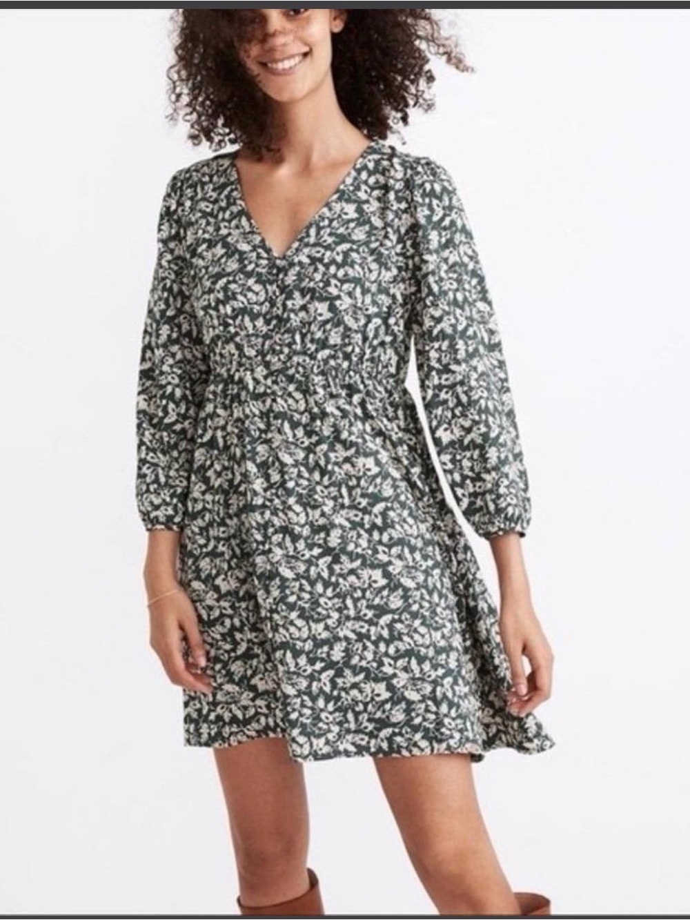 Madewell Green Floral V-Neck Smocked Mini Dress